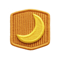 Yellow crescent moon is embroidered on orange fabric patch with textured background, creating vibrant and eye catching design. patch has hexagonal shape and stitched border png