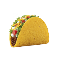 Crunchy taco shell filled with seasoned ground beef, fresh lettuce, diced tomatoes, shredded cheese, and dollop of sour cream, creating vibrant and appetizing meal png
