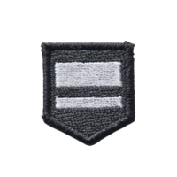 This shows black and white embroidered patch with shield shape and two horizontal white bars in center. patch has textured fabric appearance and simple, minimalist design png
