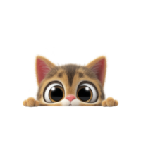 Cute animated cat with large eyes peeks over surface, displaying curiosity and playfulness. cat fur is mix of brown and beige, with pink ears adding to its adorable appearance png