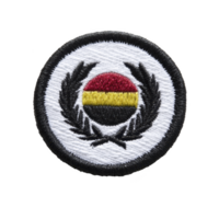 This shows circular embroidered patch featuring design with red, yellow, and black striped circle surrounded by black laurel leaves transparency background. patch has black border.Patch design png
