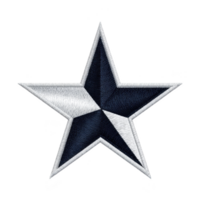 Five pointed star with metallic appearance is depicted, featuring shades of silver and dark blue. star has textured, embroidered look, giving it three dimensional effect png