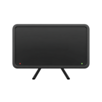 Sleek black flat screen television with minimalist design, featuring rectangular shape and two small indicator lights at bottom. TV is supported by two angled legs png