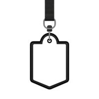 Black lanyard with metal clip holds empty, transparent badge holder, ready for customization. minimalist design is suitable for events or identification purposes png