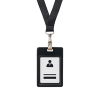 Black lanyard with blank ID badge holder featuring simple icon of person and lines for text, ideal for office or event use png