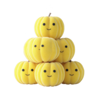 Stack of cute, smiling yellow pumpkins arranged in pyramid shape, each with cheerful expression, creating playful and whimsical autumn display png