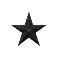 Black metal star with rustic design and visible rivets, creating vintage and industrial look. star has symmetrical five point shape, often used in home decor png