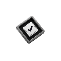 3D checkmark icon with black and white color scheme, featuring square design and stitched border, symbolizing approval or completion png
