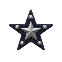 Metallic star badge with central silver star and rivets on each point, symbolizing authority and strength. design is bold and striking, often associated with law enforcement or military insignia png