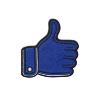 Blue embroidered patch in shape of thumbs up symbol, featuring detailed design with black outline and button detail, representing approval or positivity png