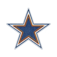 Blue star patch with orange and white borders, featuring textured fabric design, is displayed on transparency background. patch has layered appearance, giving it three dimensional look png
