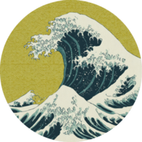estilizado representação do ampla onda com espumoso cristas contra estampado amarelo fundo, inspirado de tradicional japonês arte. onda dinâmico movimento transmite sentido do poder e movimento png