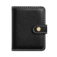 Sleek black leather wallet with white stitching and button closure, perfect for organizing cards and cash. compact design makes it ideal for everyday use png