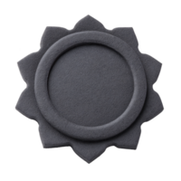 Black, textured, circular object with petal like border, resembling flower or sun shape, is shown. design is simple and elegant, with soft, matte finish png