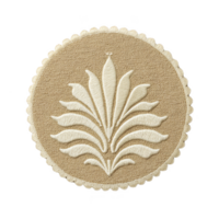 Round beige embroidered patch features symmetrical floral design with scalloped edges, showcasing intricate stitching. elegant pattern adds touch of sophistication to textile piece png