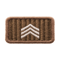 This shows brown embroidered patch with three white chevrons, symbolizing rank insignia. patch has rectangular shape with textured background.brown embroidered patch with three white chevrons png