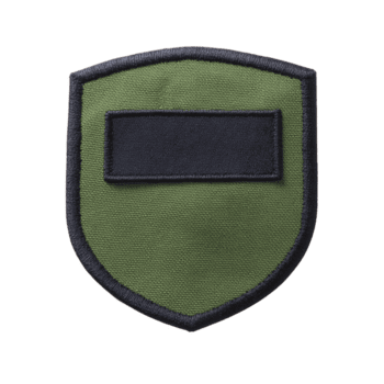 Green fabric patch with blank black rectangle, designed for customization, is displayed. patch has shield shape and is bordered with black stitching, suitable for uniforms or accessories png