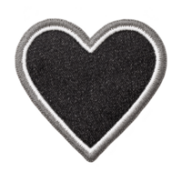 Black heart shaped fabric patch with white stitching around edges, creating bold contrast. texture of fabric is visible, giving it tactile appearance png