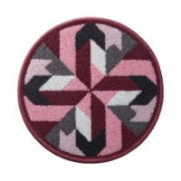 Round, intricately designed patch features geometric pattern shades of pink, burgundy, gray, and white. symmetrical design creates striking visual effect, perfect for adding unique touch to png