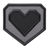 Heart shaped embroidered patch with geometric design features shades of gray and black, creating modern and stylish appearance. patch clean lines and contrasting colors give it bold look png
