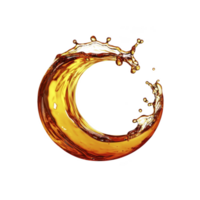Dynamic splash of golden liquid forms crescent shape against transparency background, capturing motion and energy. fluid appears vibrant and glossy, evoking sense of freshness and vitality png
