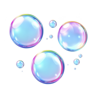 Colorful iridescent soap bubbles floating against transparent background, showcasing spectrum of colors and reflections. bubbles vary in size, creating playful and whimsical atmosphere png