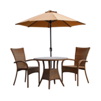 Stylish outdoor patio set featuring round wicker table, two matching wicker chairs, and large beige umbrella, perfect for cozy garden or balcony setting png