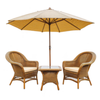 Outdoor wicker patio set with two chairs, table, and umbrella, perfect for relaxing in garden or backyard. set features natural rattan design with comfortable cushions png