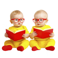 Two adorable babies wearing matching yellow outfits and red glasses are sitting side by side, each holding red book. Their curious expressions add playful charm to scene png
