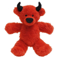 Cute red plush toy bear with black horns and black nose, resembling playful devil, stands with its arms open. fluffy texture and vibrant color make it adorable and unique stuffed animal png