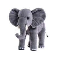 Cute, plush elephant toy with large ears and tusks stands against transparency background, showcasing its soft, gray fabric and friendly appearance png