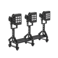 Three black LED stage lights are mounted on wheeled stand, each featuring multiple bulbs for bright illumination. setup is ideal for events, concerts, or theatrical performances png