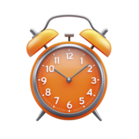 Orange vintage alarm clock with two bells on top and classic analog face, displaying time. clock has shiny metallic finish and stands on two small legs png