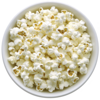 Bowl of freshly popped popcorn, showcasing fluffy white kernels, perfect for movie night snack. popcorn is arranged in white bowl, highlighting its texture and inviting appearance png