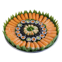 Beautifully arranged sushi platter features assortment of fresh salmon sashimi, sushi rolls, and garnishes, creating appetizing and colorful display png