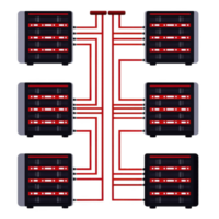 Network diagram showing interconnected server racks with red cables, illustrating data center setup. image highlights complexity and organization of server connections png
