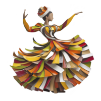 Vibrant, abstract sculpture of dancer in colorful, flowing dress made of layered, curved shapes. dynamic pose and bright colors convey movement and joy png