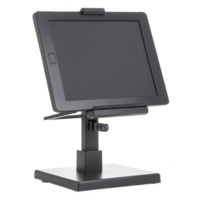 Sleek black touchscreen monitor on adjustable stand, ideal for point of sale systems or interactive displays. modern design enhances functionality and user experience png