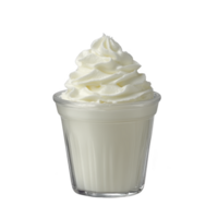 Glass cup filled with creamy, fluffy whipped cream, showcasing its smooth texture and inviting appearance. whipped cream is elegantly swirled, creating delightful and appetizing presentation png