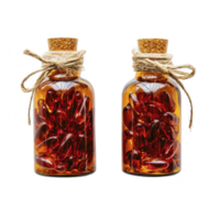 Two glass bottles filled with red capsules are sealed with corks and tied with twine, creating rustic and natural appearance. transparent amber glass enhances vibrant color of capsules inside png