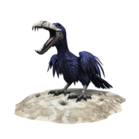 Large, blue, prehistoric bird with open beak stands on rocky surface, displaying its sharp claws and vibrant feathers. bird fierce expression adds sense of ancient majesty to scene png