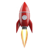 Red rocket with sleek design and fiery exhaust symbolizes innovation and progress. vibrant color and dynamic shape convey excitement and forward momentum png