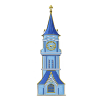 Tall, blue clock tower with pointed roof and gold accents stands prominently, featuring large clock face and arched windows, evoking sense of nostalgia and elegance png