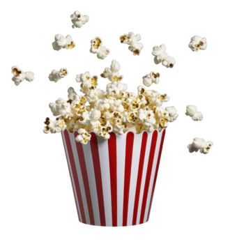 gestreift rot und Weiß Popcorn Eimer überläuft mit frisch knallte Popcorn, etwas Stücke fliegend im Luft, Erstellen dynamisch und lebhaft Szene png