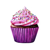 Vibrant cupcake with pink frosting and colorful sprinkles sits in purple wrapper, showcasing delightful and appetizing treat. swirled icing adds playful touch png
