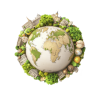 globo cercado de famoso marcos e exuberante vegetação simboliza global unidade e de Meio Ambiente harmonia. imagem criativamente misturas arquitetura com natureza, destacando cultural diversidade png