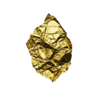 Crumpled piece of shiny gold foil isolated on transparency background, showcasing its reflective and textured surface. foil appears irregularly shaped, adding dynamic visual interest png