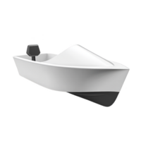 Sleek, modern white motorboat with minimalist design and black motor, floating on transparent background. boat streamlined shape suggests speed and efficiency png