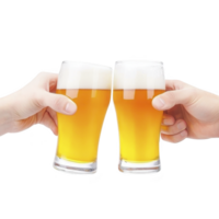 Two hands clinking glasses of frothy beer in celebratory toast, showcasing refreshing golden beverage. image captures moment of joy and camaraderie png