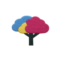 This features colorful embroidered tree with three distinct sections red, blue, and yellow, set against plain background. design is simple and vibrant.Colorful embroidered tree with red, blue png